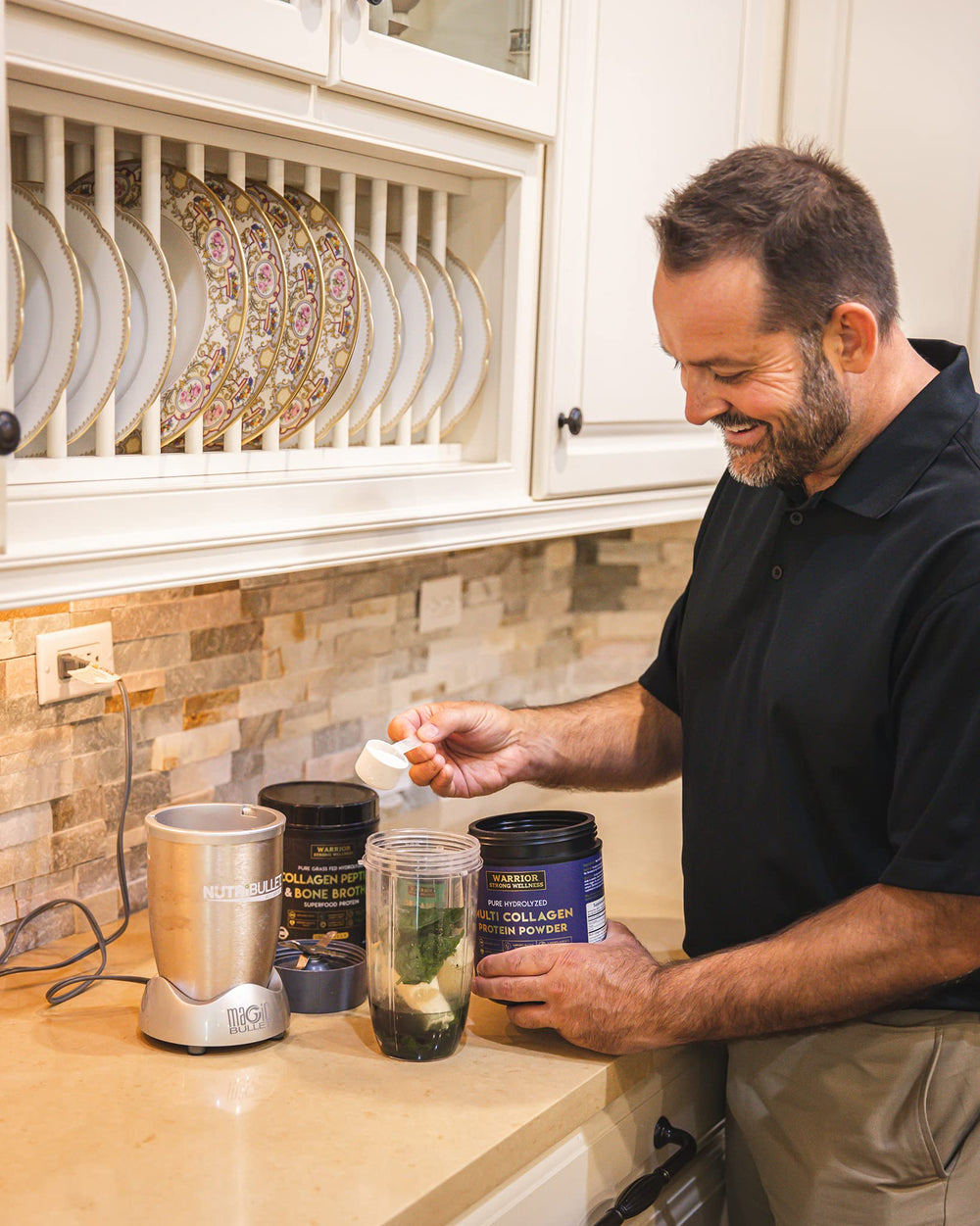 Warrior Strong Wellness collagen powder in soup or warm beverage context.