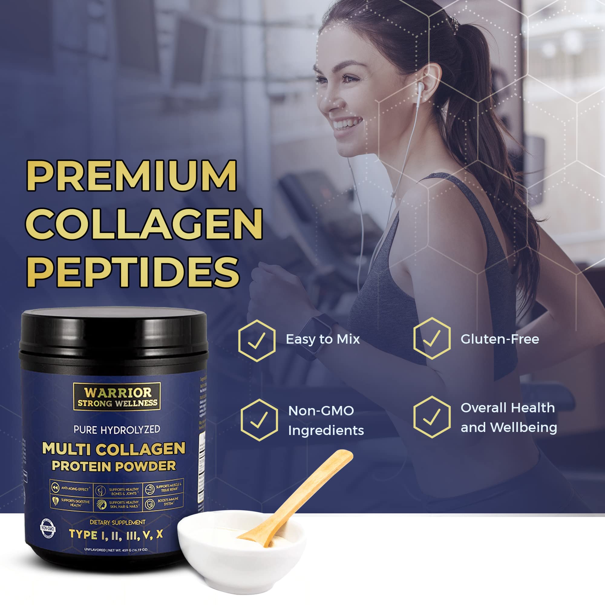 Warrior Strong Wellness collagen powder stirred into soup or tea.