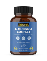 Warrior Strong Wellness Magnesium Complex bottle shows triple blend and high bioavailability.
