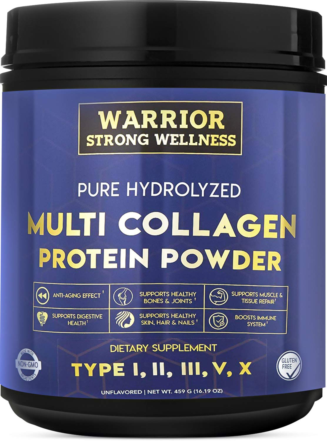 Warrior Strong Wellness packaging front for Pure Hydrolyzed Multi Collagen Powder, daily wellness.