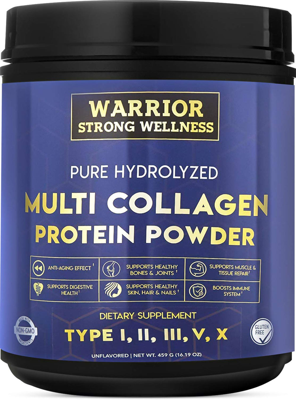 Warrior Strong Wellness packaging front for Pure Hydrolyzed Multi Collagen Powder, daily wellness.