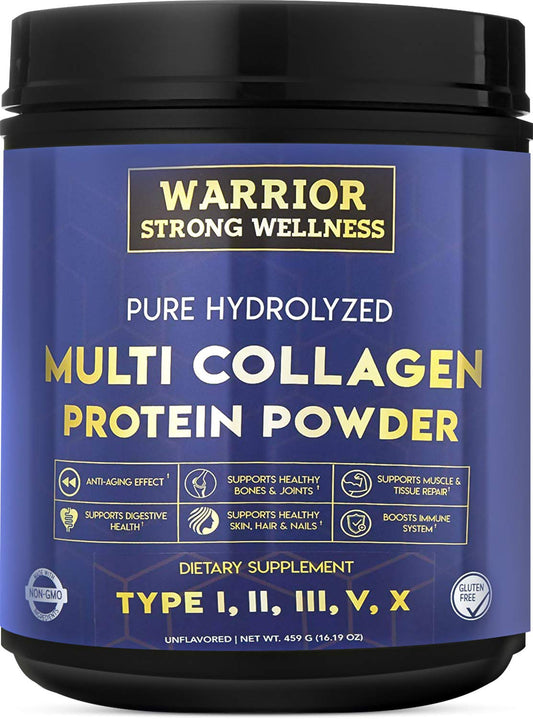 Warrior Strong Wellness packaging front for Pure Hydrolyzed Multi Collagen Powder, daily wellness.