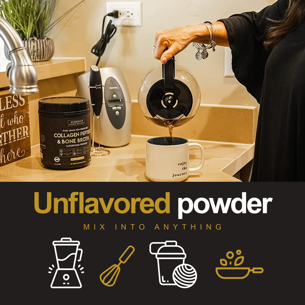 Warrior Strong Wellness powder poured into hot tea with frother
