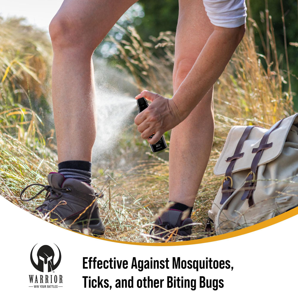 Warrior water resistant bug spray shown for rain or sweat conditions