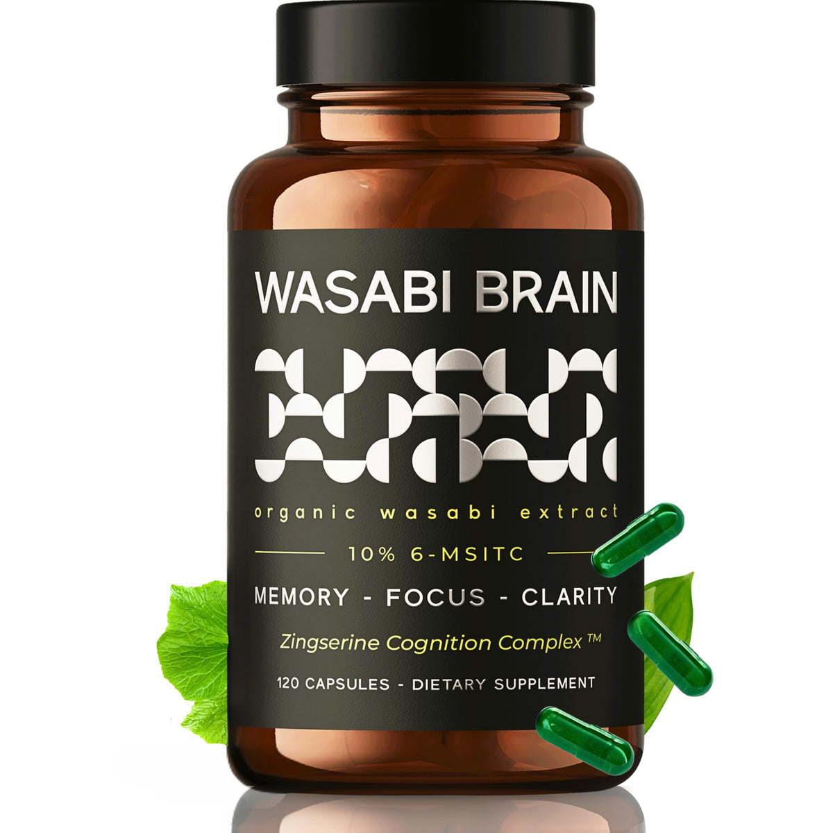 WASABI BRAIN bottle with label, showing the two-month supply for daily cognitive support.