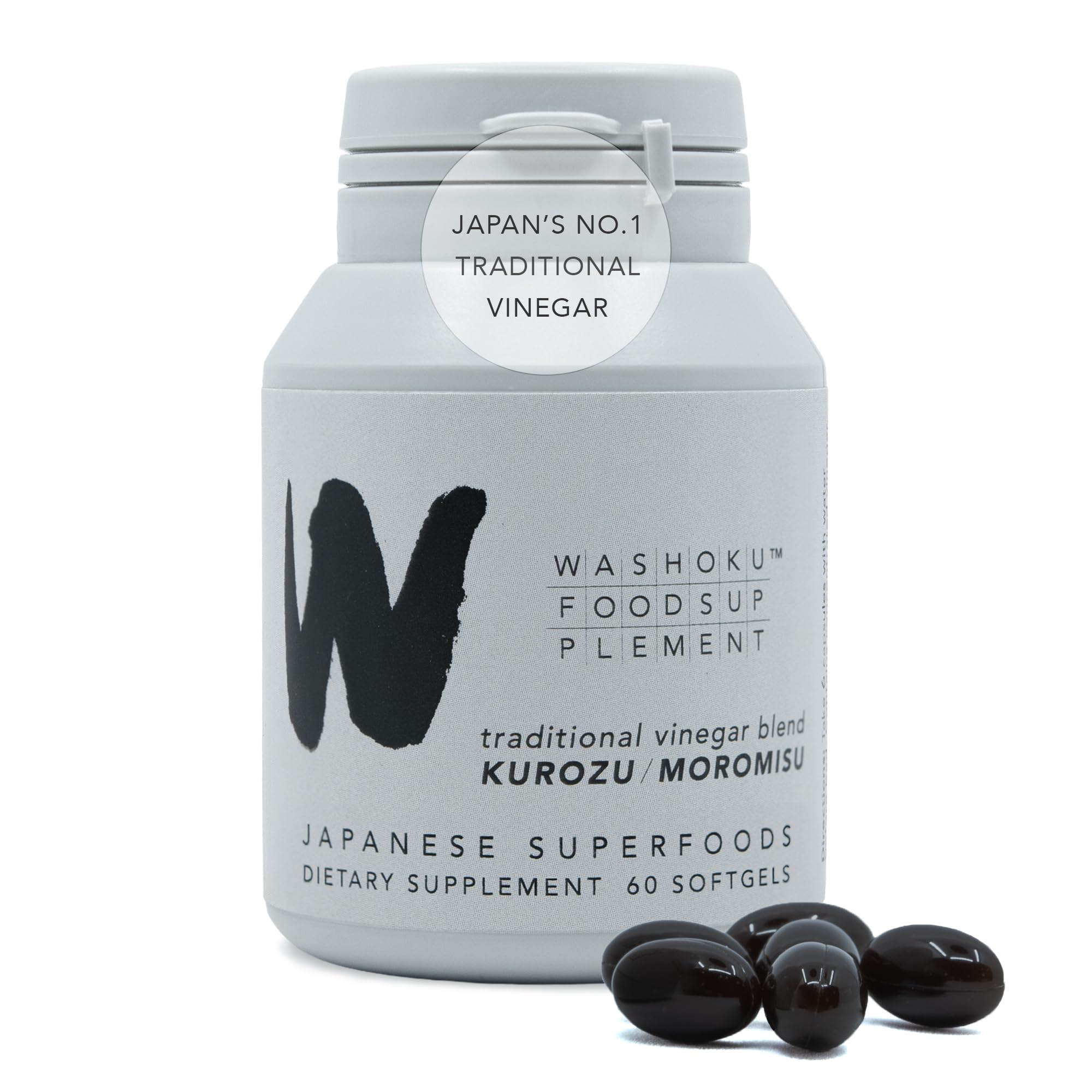 Washoku Food Supplement bottle with Kurozu softgels for daily energy support.
