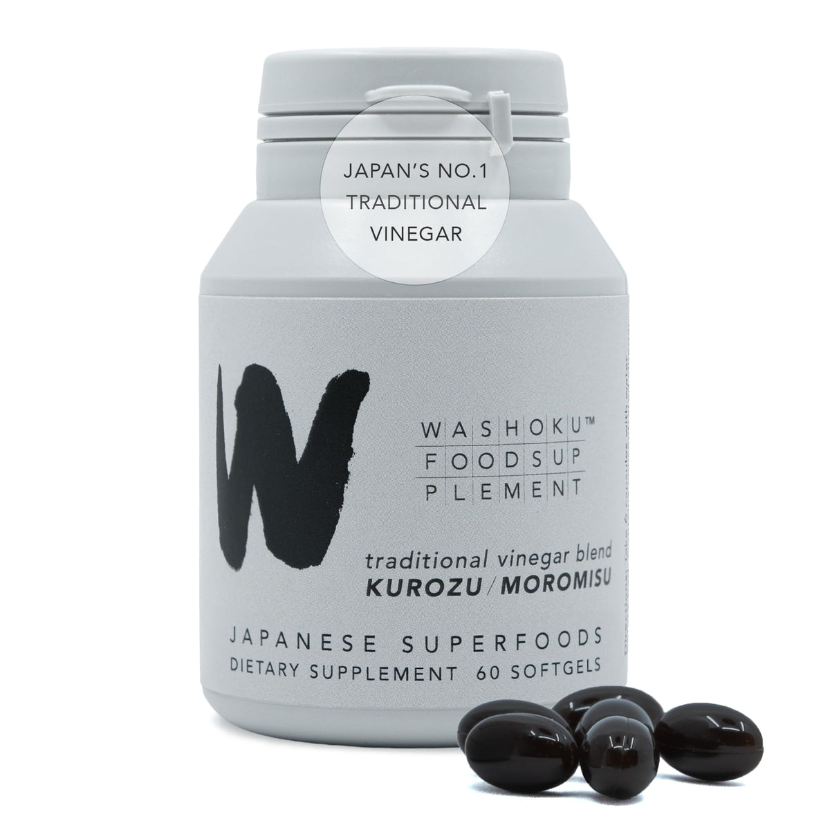 Washoku Food Supplement bottle with Kurozu softgels for daily energy support.