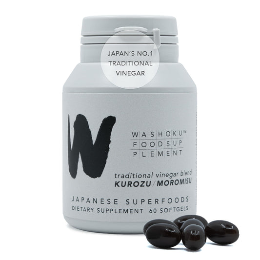 Washoku Food Supplement bottle with Kurozu softgels for daily energy support.