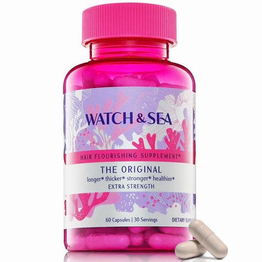 Watch & Sea Hair Flourishing Capsules bottle for daily growth routine.