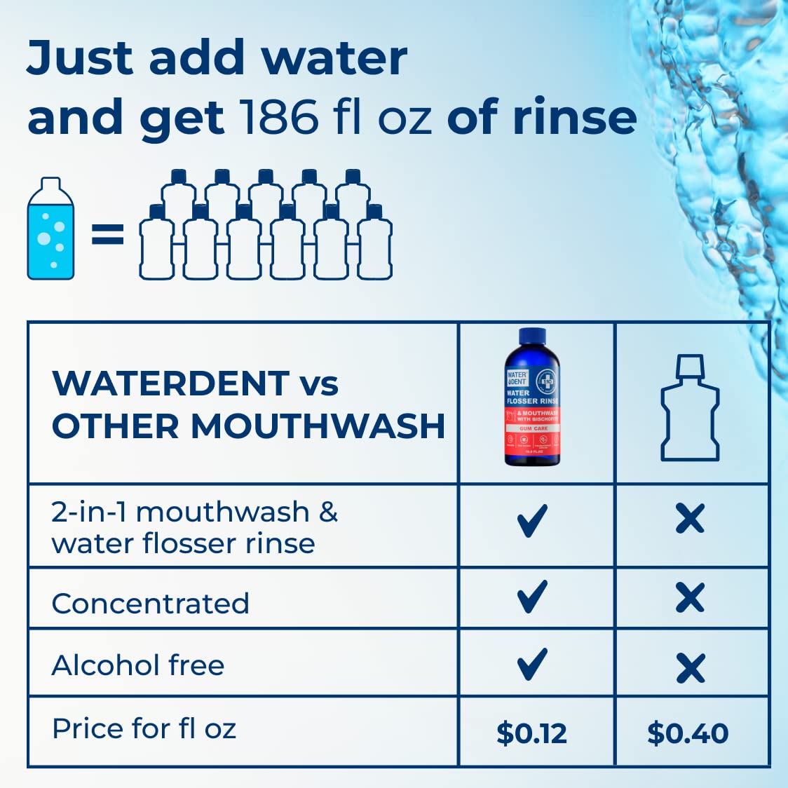 Water Dent Apple Mint breath-freshening rinse for daily oral care with water flossers.