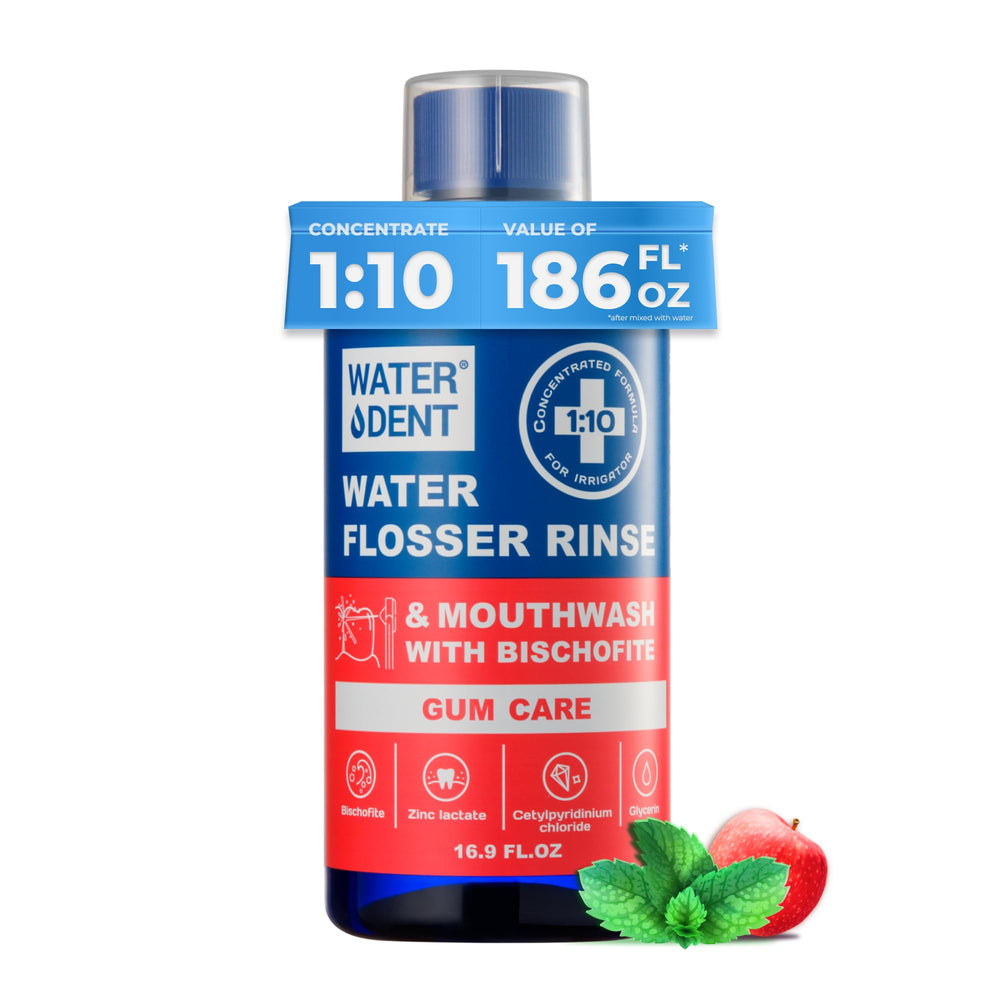 Water Dent Concentrated Rinse Apple Mint bottle for enhanced cleaning and fresh breath.