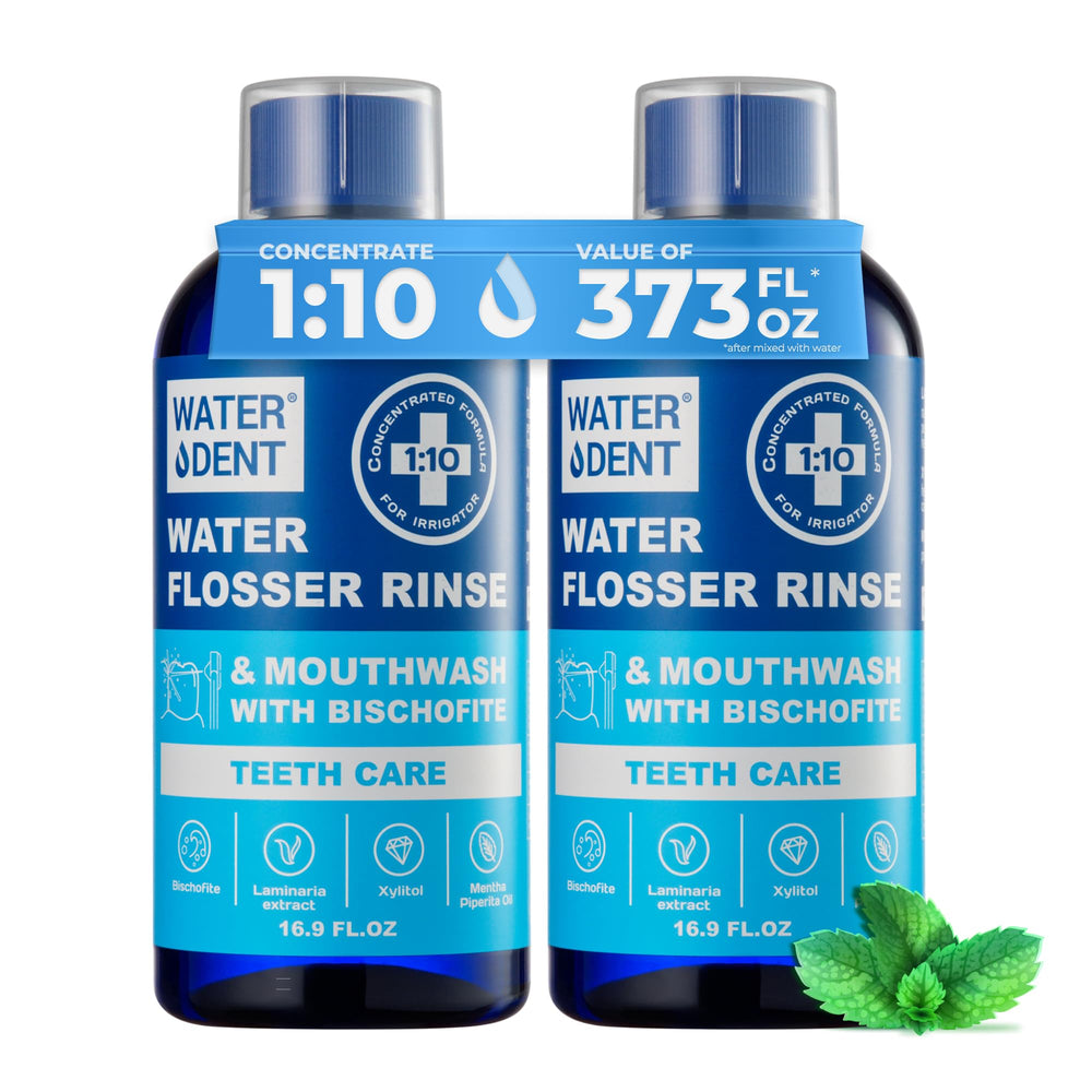 Water DENT concentrate rinse bottle front with mint labeling, ready to use.