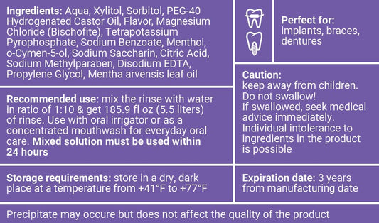 Water Dent rinse bottle label highlights ingredients and origin for informed care.