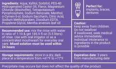 Water Dent rinse bottle label highlights ingredients and origin for informed care.