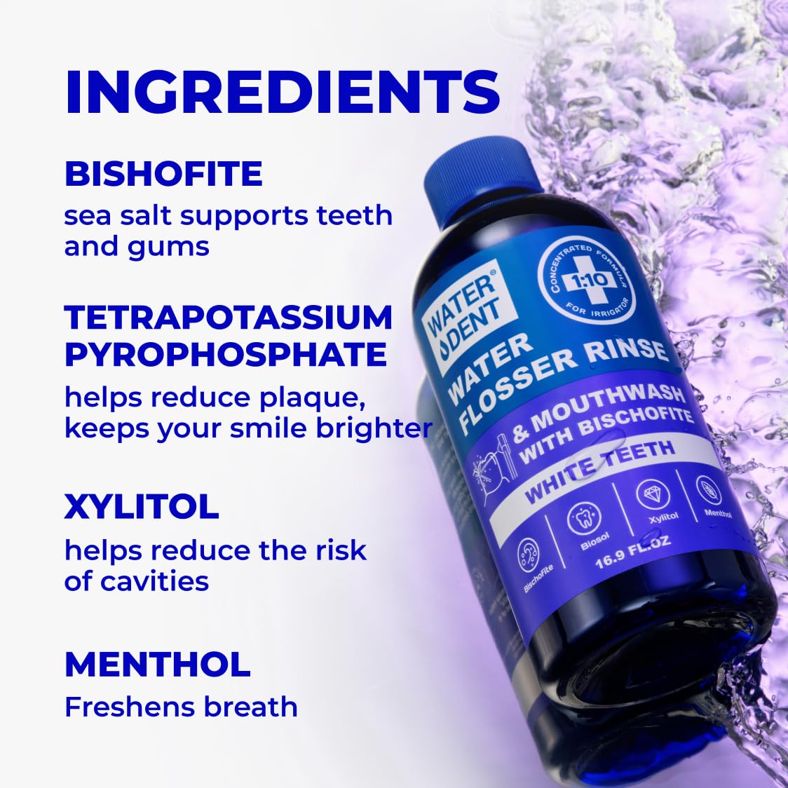 Water Dent fruit mint flavor delivers a refreshing taste during rinsing.