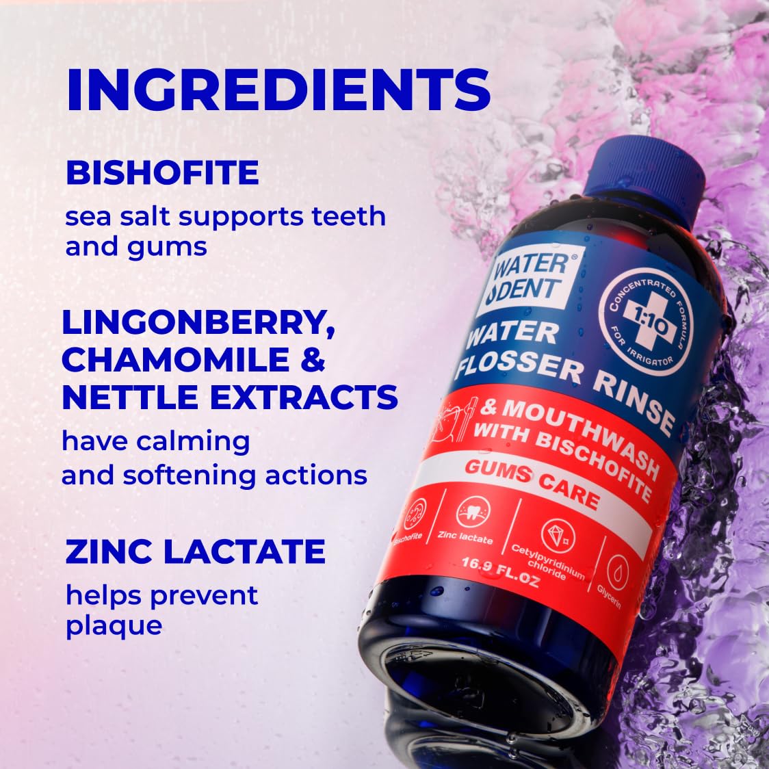Ingredients panel with Bischofite and Zinc Lactate for gum support