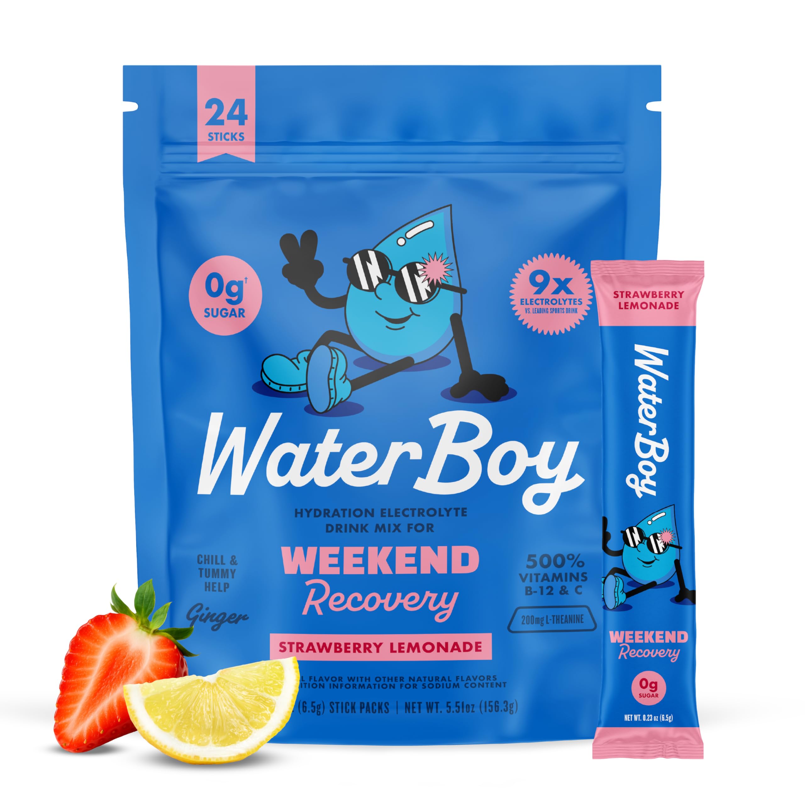 Waterboy Weekend Recovery strawberry lemonade stick for hydration after social weekends.