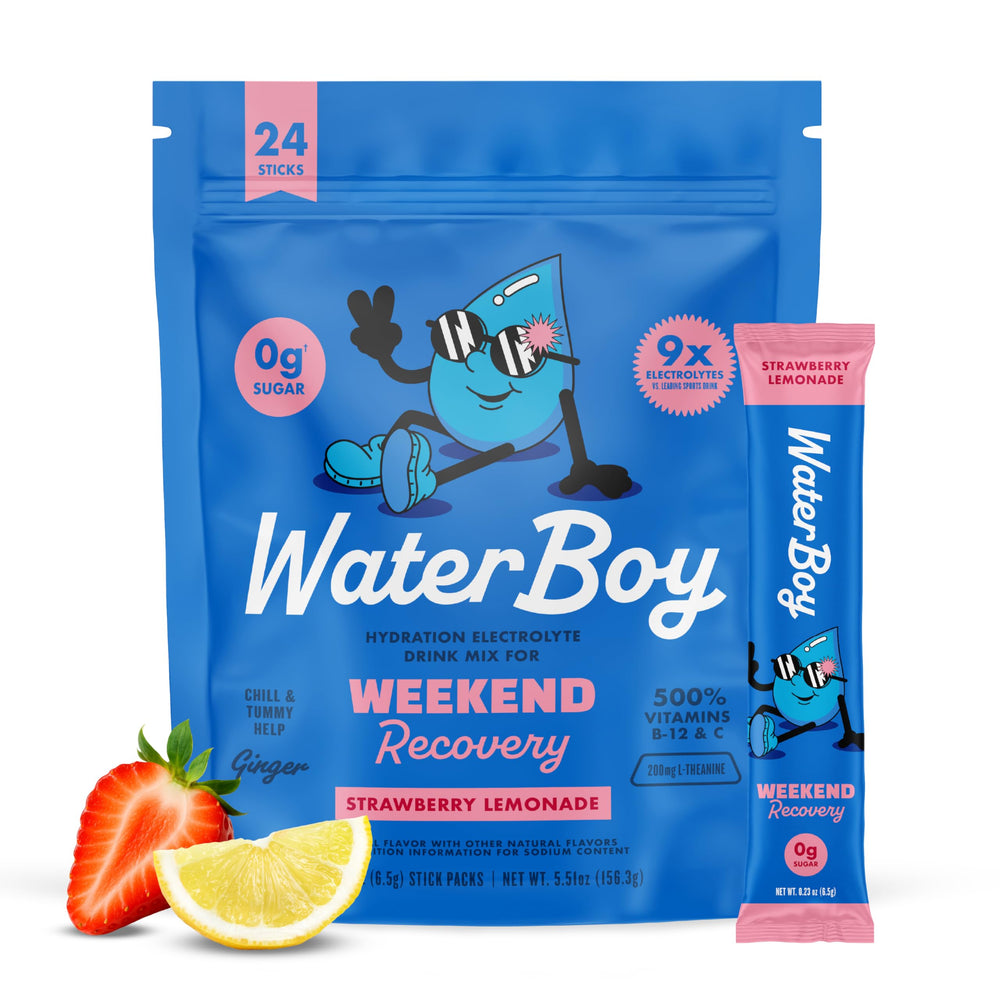 Waterboy Weekend Recovery strawberry lemonade stick for hydration after social weekends.