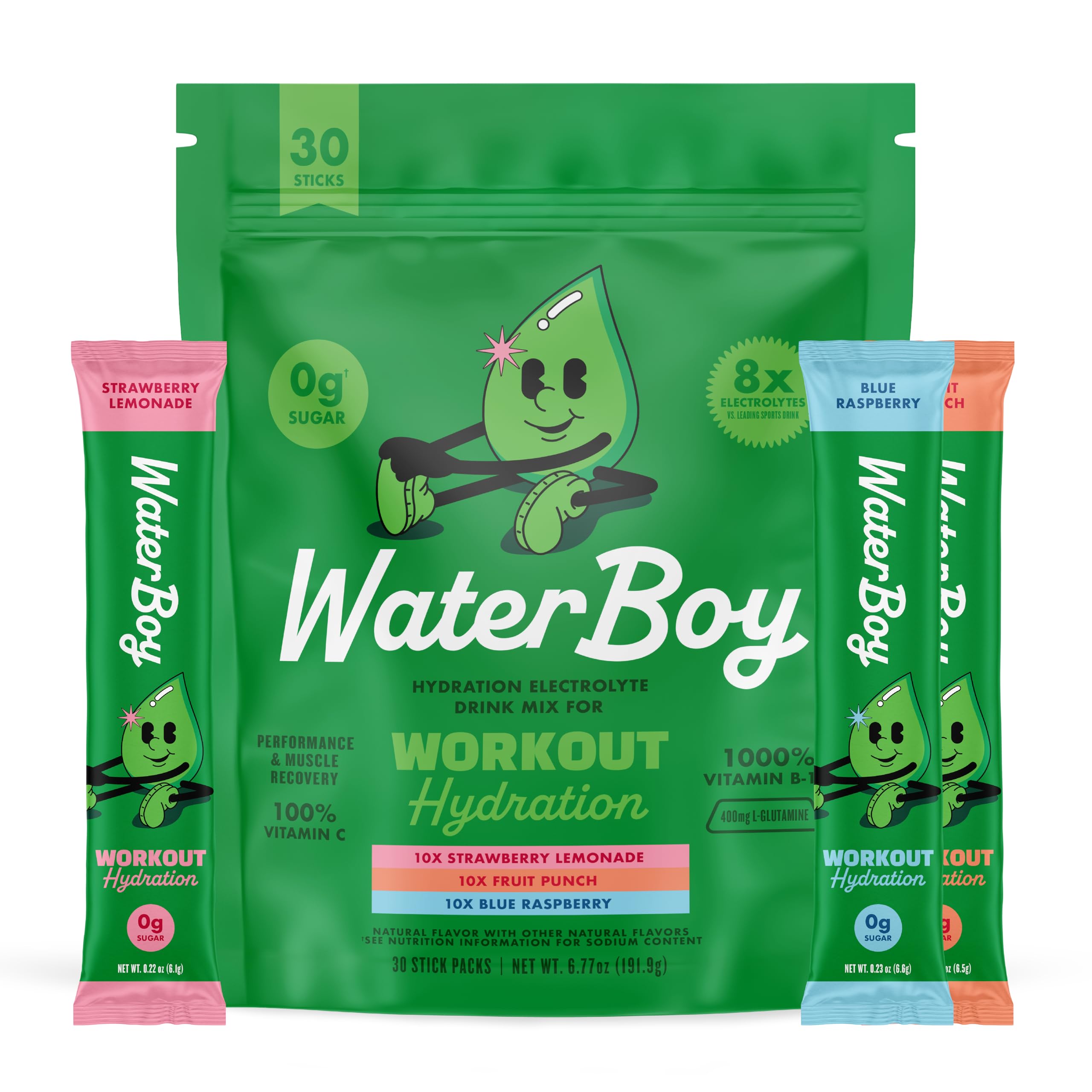 Waterboy Workout Hydration Lemon-Lime packet front for quick electrolyte replenishment