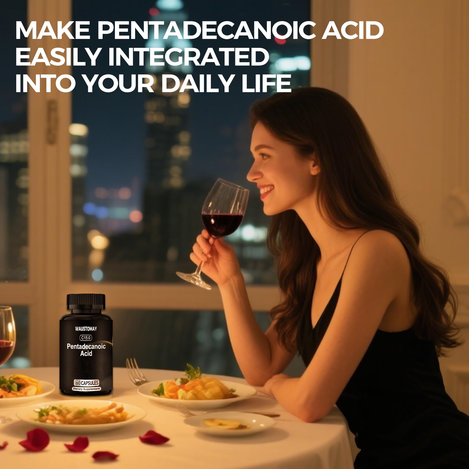 WAUSTOMAY Pentadecanoic Acid packaging beside glass of water for convenience.