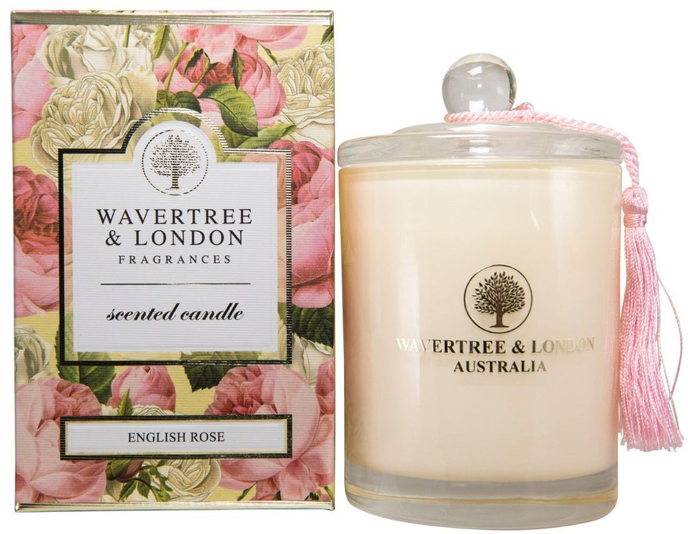 Wavertree & London English Rose candle closeup shows clean burn and rich aroma.