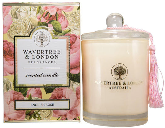 Wavertree & London English Rose candle closeup shows clean burn and rich aroma.