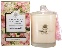 Wavertree & London English Rose candle closeup shows clean burn and rich aroma.