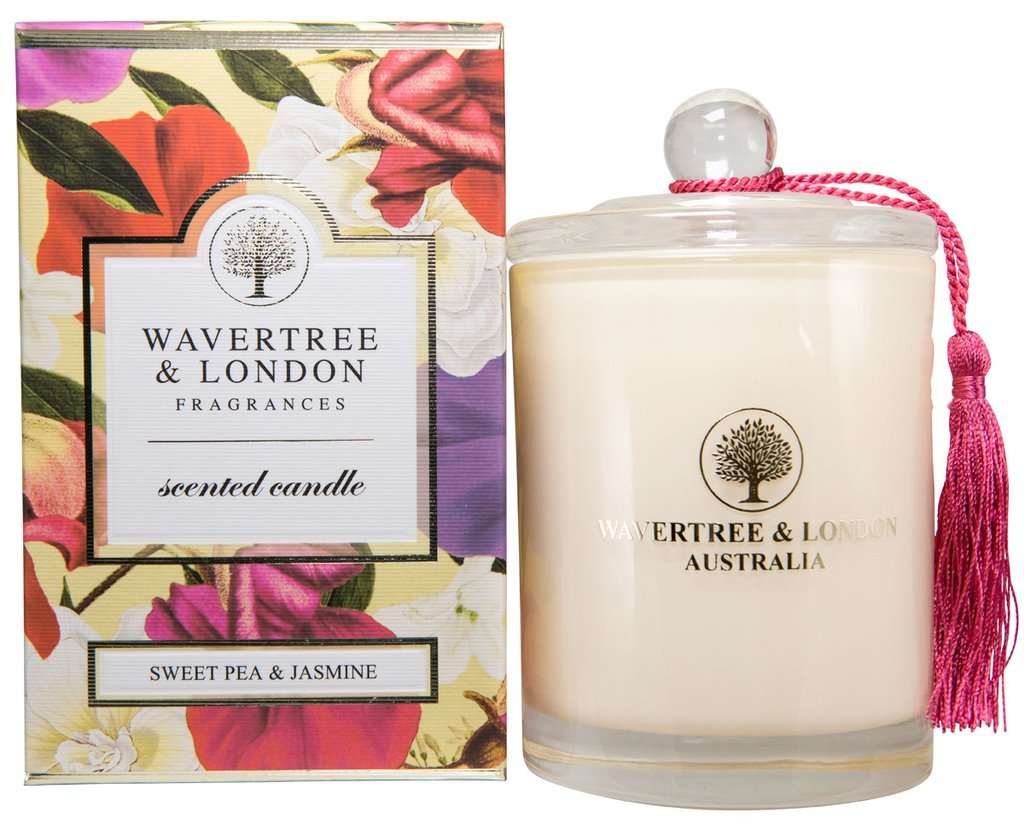 Wavertree & London Sweet Pea & Jasmine candle label showcases organic wax and premium scent