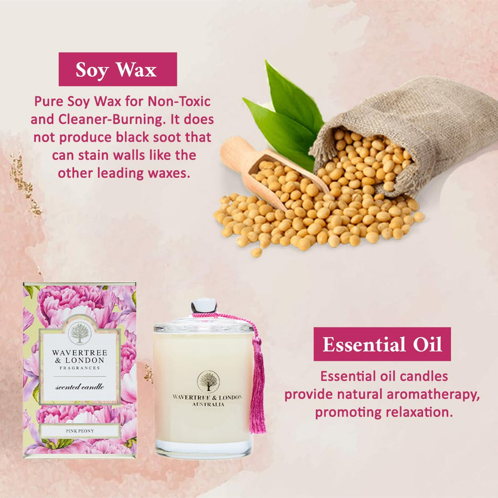 Wavertree & London Pink Peony candle jar with cotton wick for clean burning.