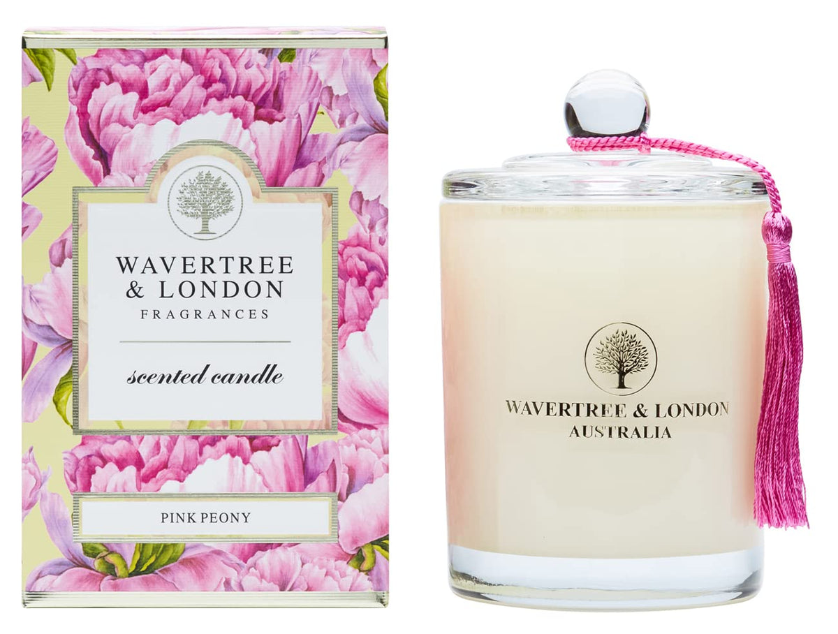 Wavertree & London Pink Peony candle front view highlighting triple scent layers for lasting aroma.