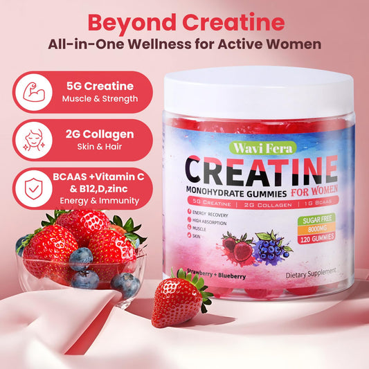 WaviFera Creatine for Women gummies close-up with mixed berry flavor and soft texture.