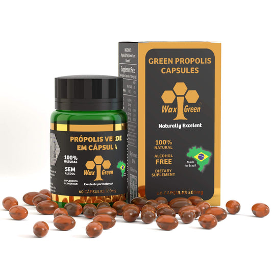 Wax Green Brazil Propolis 500mg capsules, 60-count bottle, for daily use