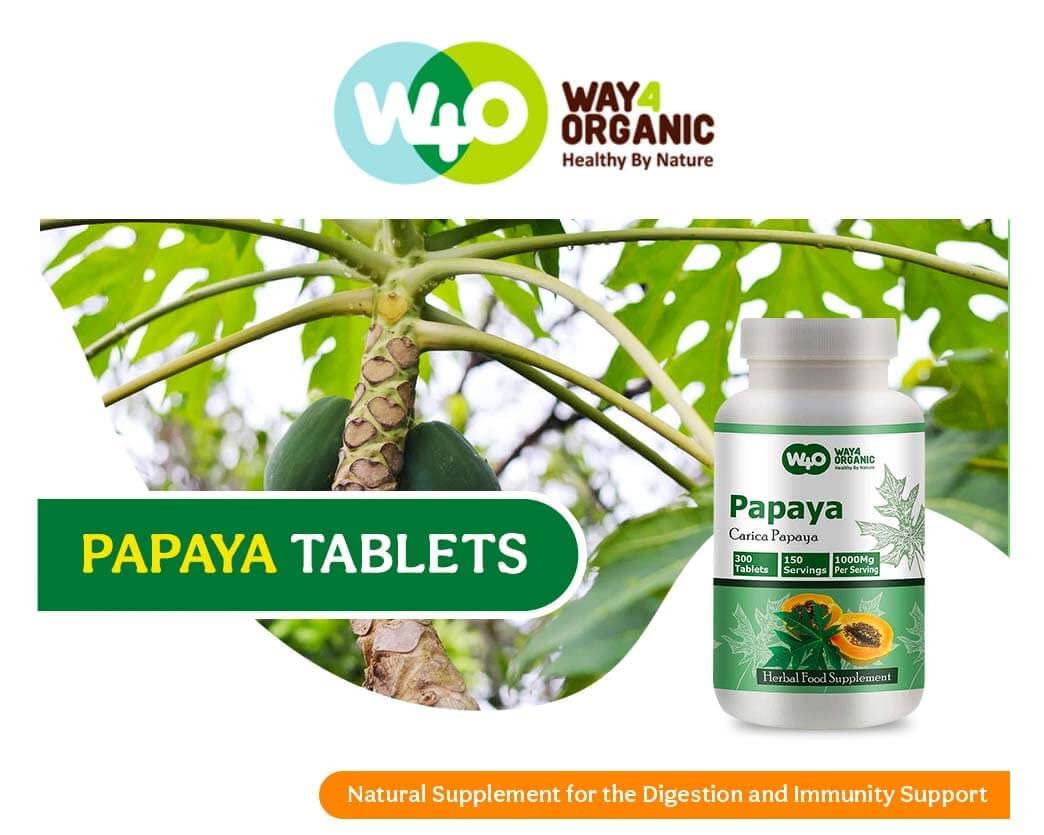 WAY 4 ORGANIC W4O papaya leaf capsules arranged for a simple daily routine.