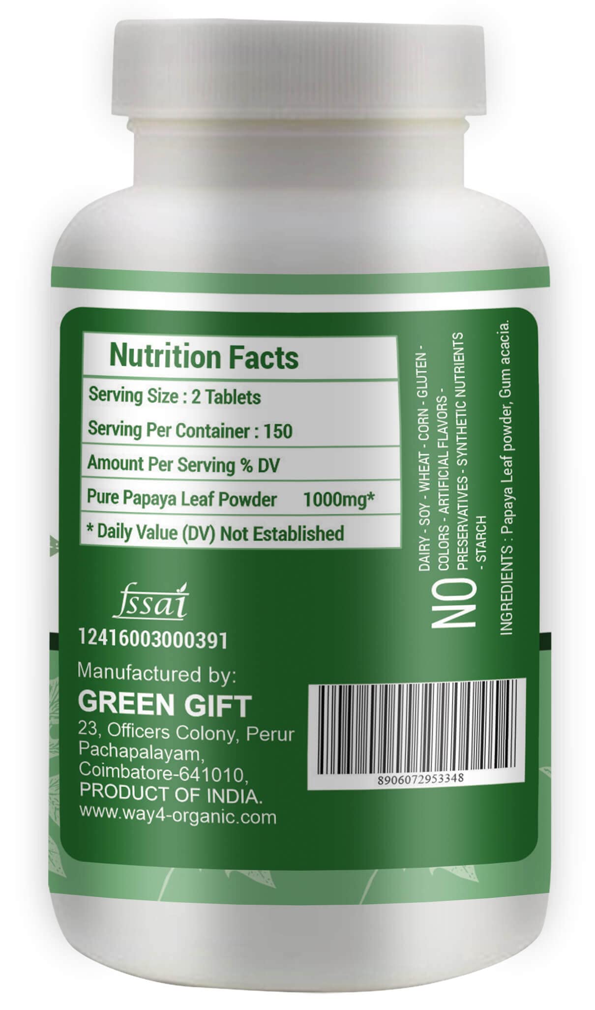 WAY 4 ORGANIC W4O papaya leaf extract label close-up showing ingredients.