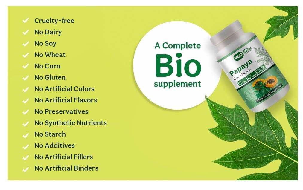 WAY 4 ORGANIC W4O papaya leaf capsules on a natural wellness backdrop.