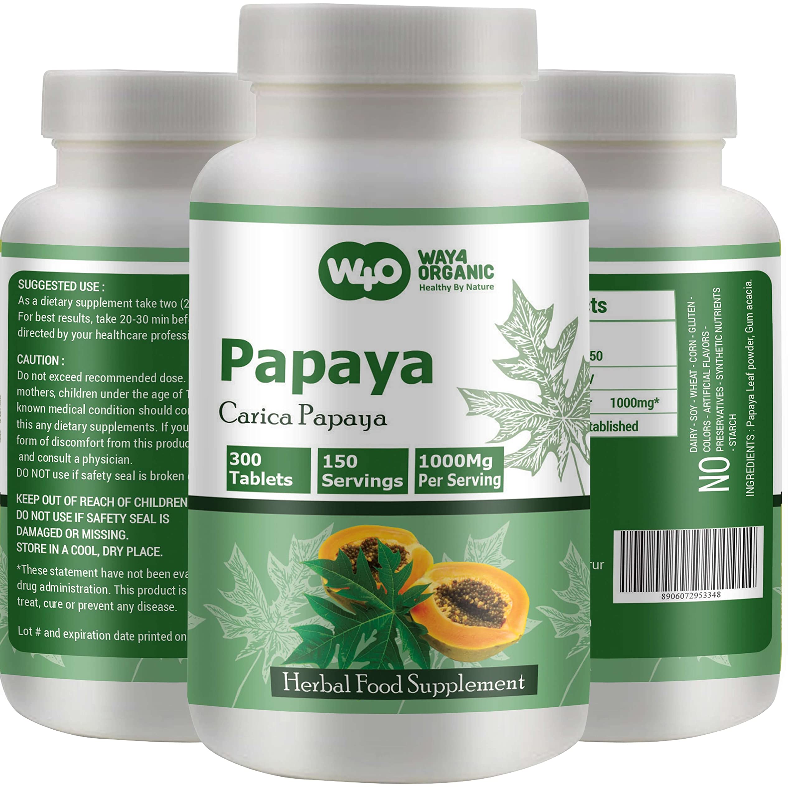 WAY 4 ORGANIC W4O papaya leaf tablets close-up showing easy-to-swallow form.