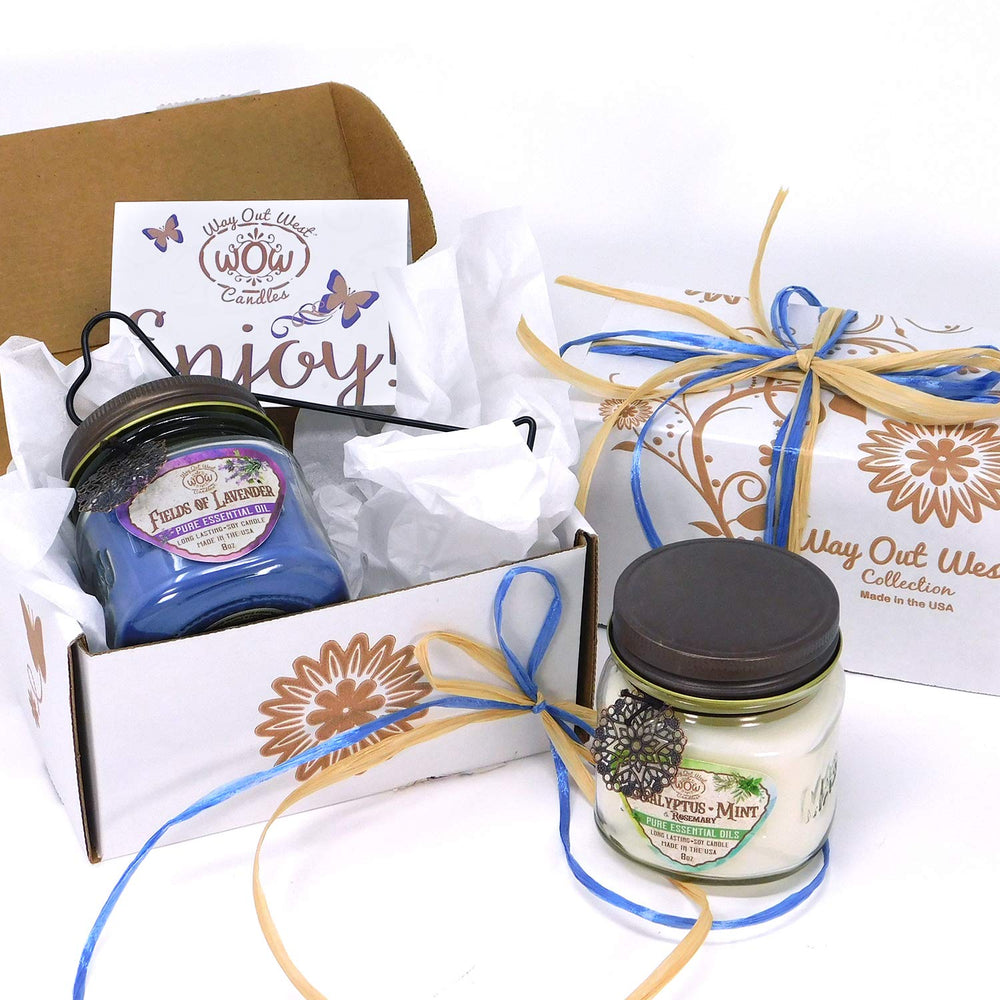 Way Out West Candles two-pack jar display for cozy home lighting.