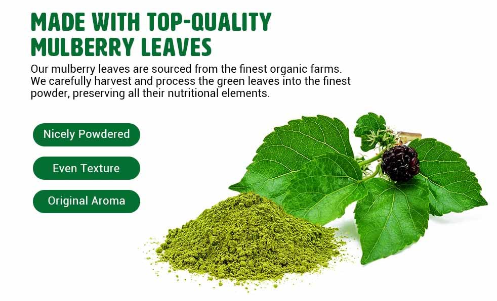 Ingredient label for Way4Organic Mulberry Leaf Powder showing all natural ingredients
