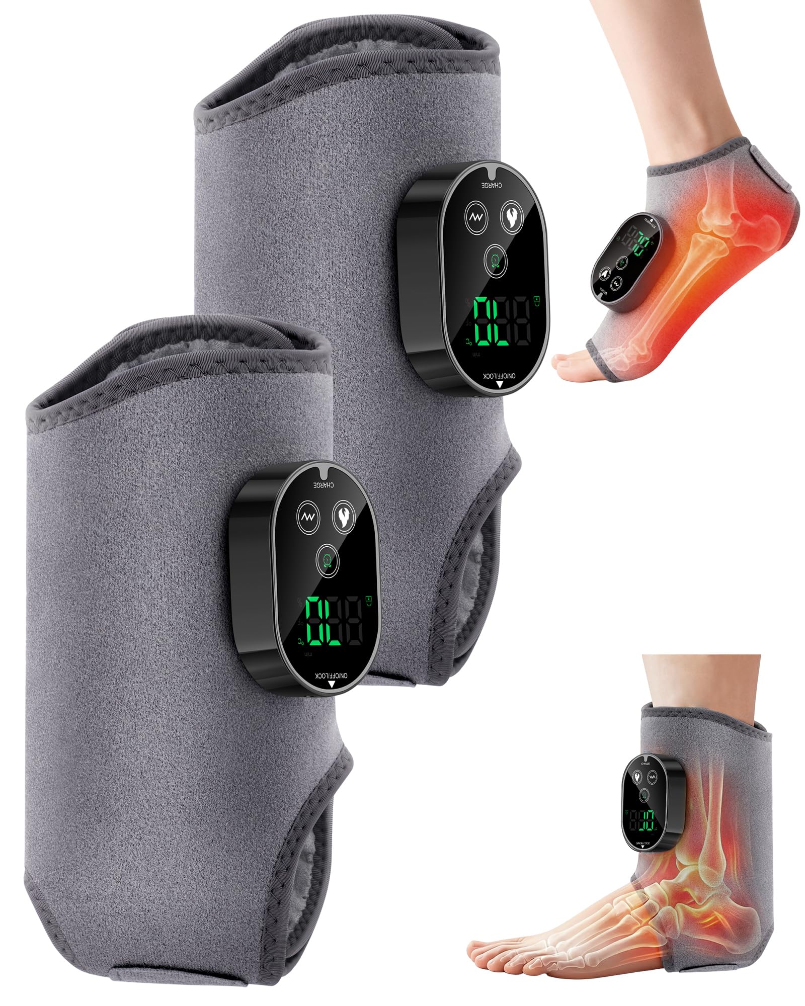 WBHLDM two-in-one ankle massager with heat shown wrapped around the ankle for soothing relief.