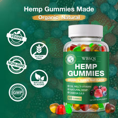 WBSQL hemp gummies packaging on wood tabletop, natural ingredients emphasis