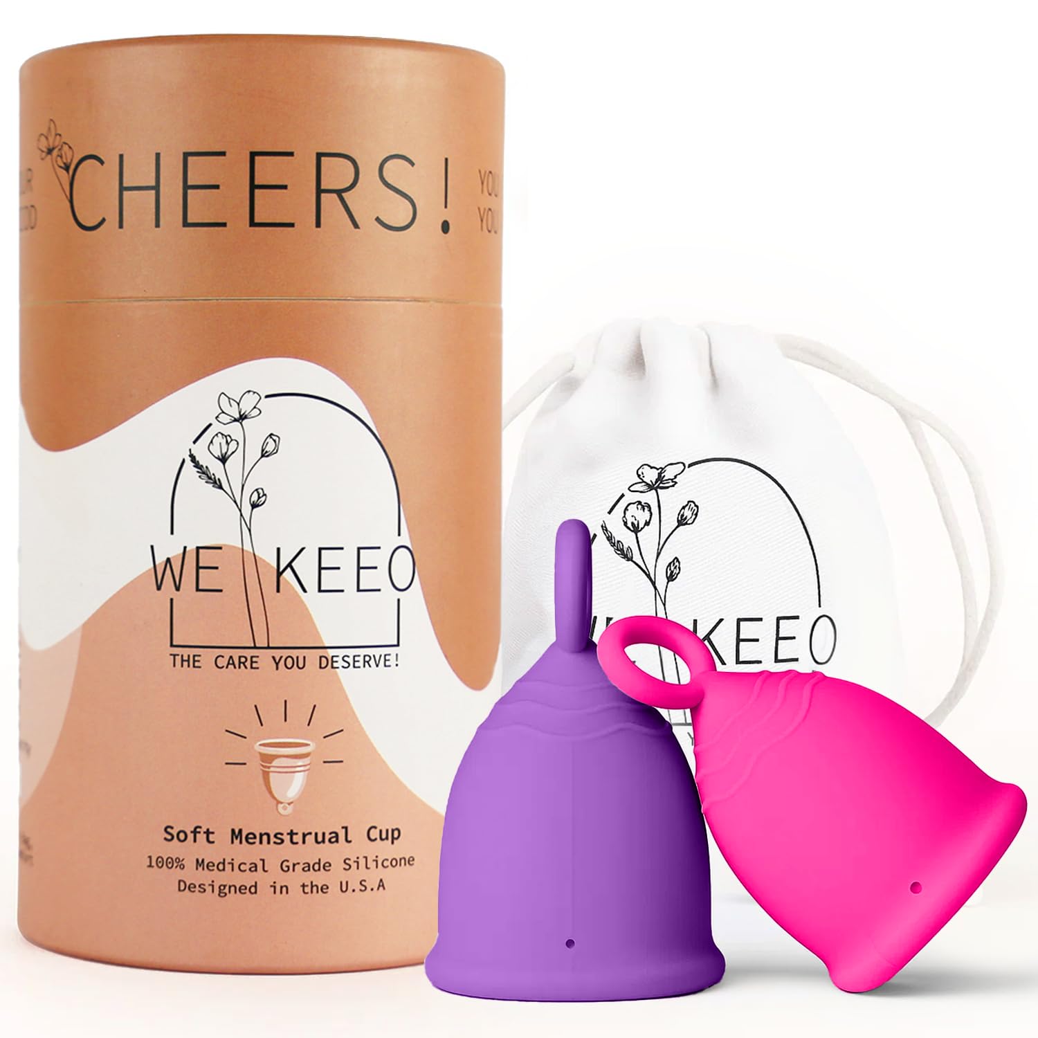 WE KEEO reusable menstrual cup close-up showing soft silicone texture for comfort.