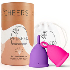 WE KEEO reusable menstrual cup close-up showing soft silicone texture for comfort.