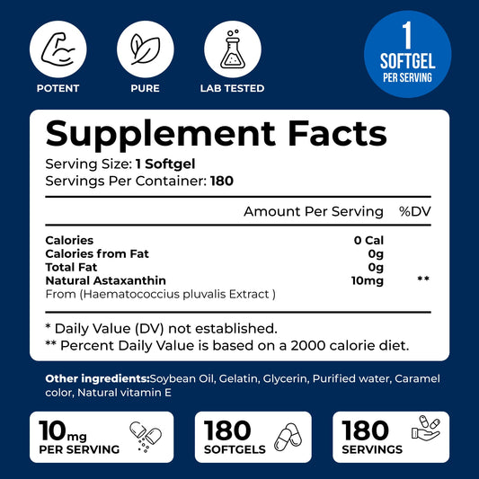 We Like Vitamins Astaxanthin softgel closeup highlighting 10 mg potency