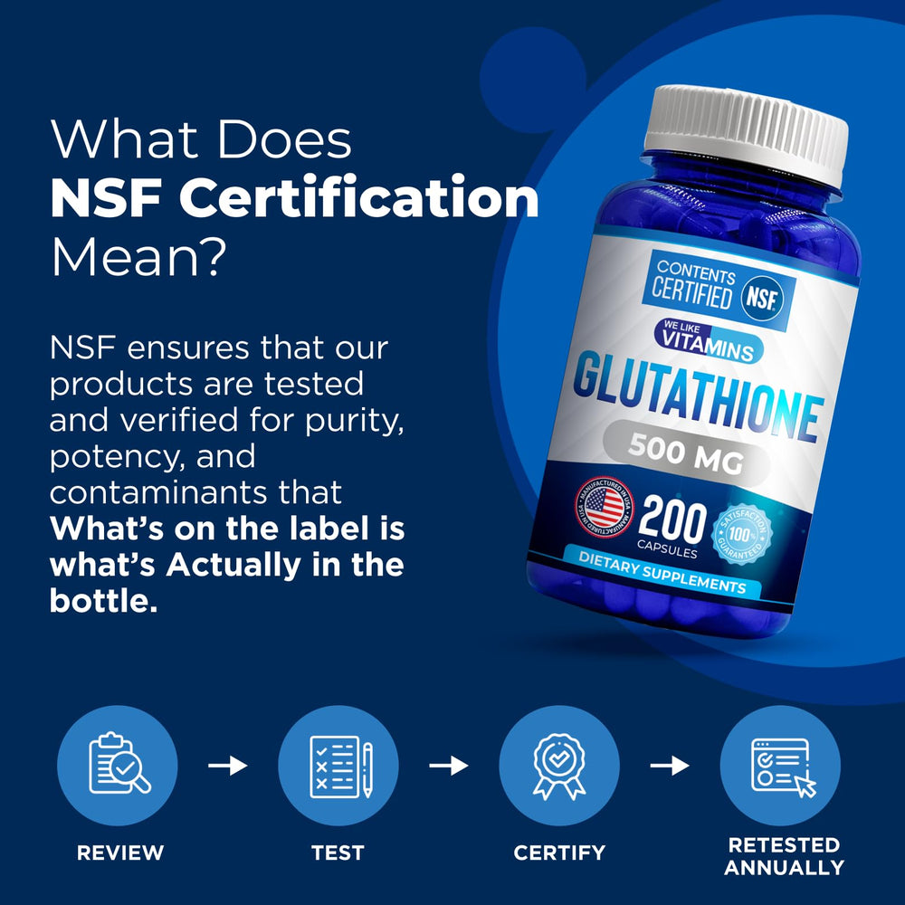 The We Like Vitamins glutathione bottle back label shows dosage and ingredients clearly.
