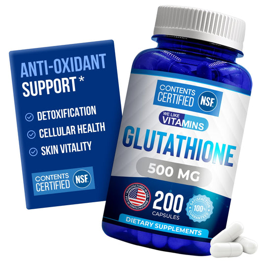 The We Like Vitamins glutathione bottle front view highlights safety and purity.