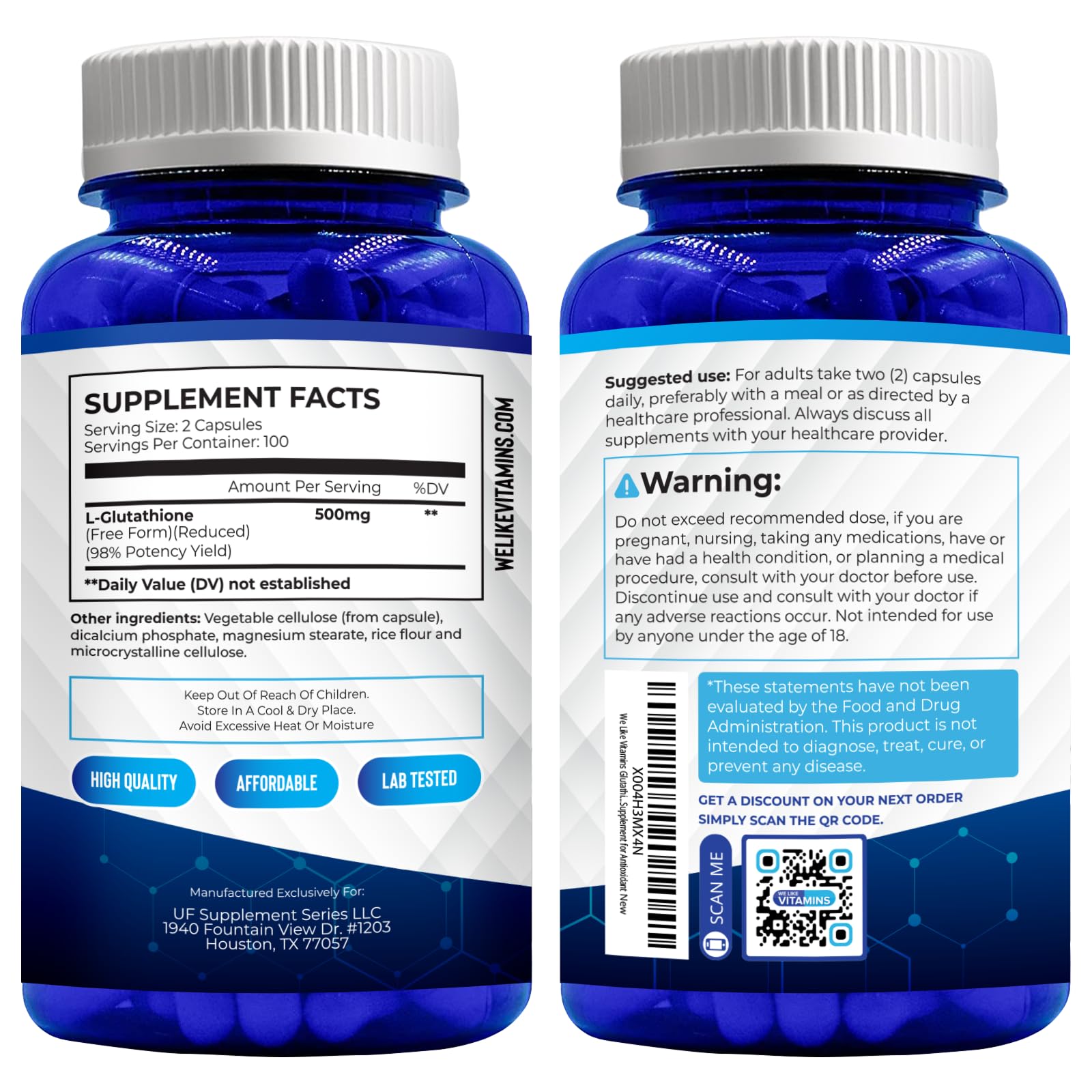 We Like Vitamins glutathione bottle with clear cap and easy-open design.