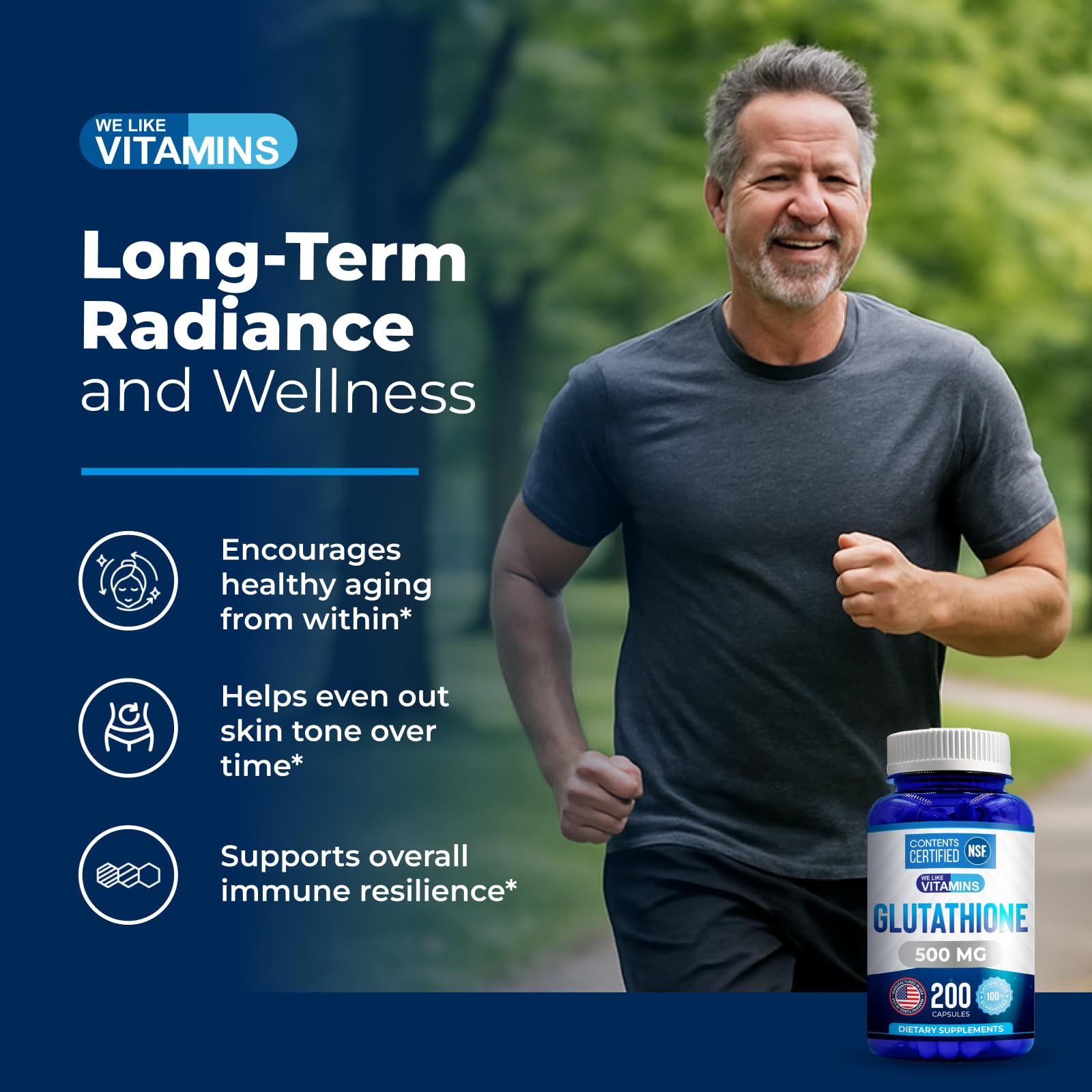Group of We Like Vitamins glutathione capsules hints at a long 100-day supply.