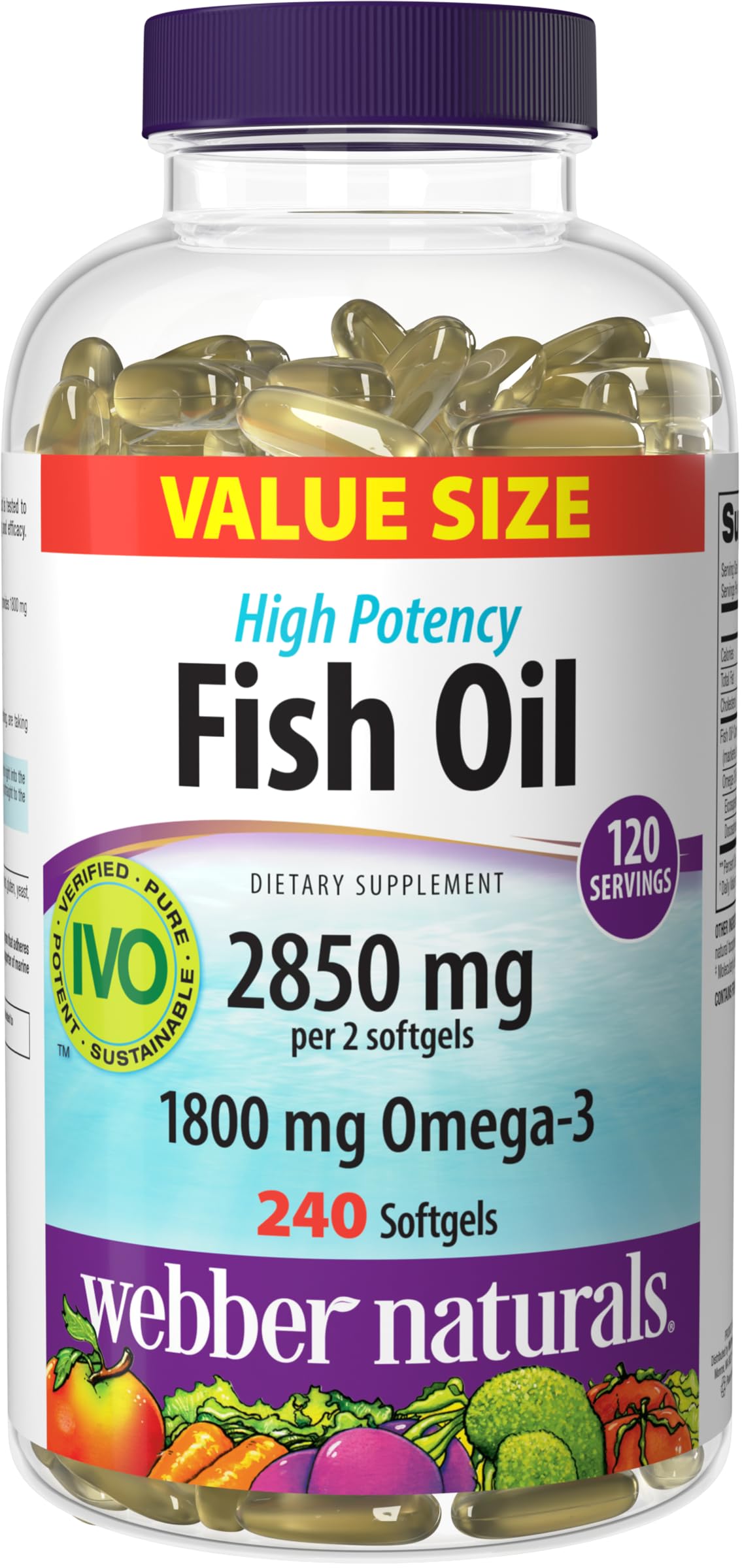 Webber Naturals Fish Oil bottle front shows high omega-3 content for daily support.