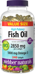 Webber Naturals Fish Oil bottle front shows high omega-3 content for daily support.