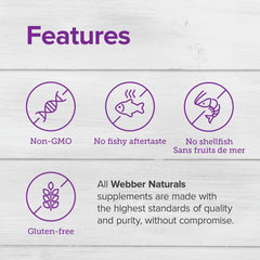 Webber Naturals Fish Oil bottle close-up shows 1800 mg EPA & DHA per serving.